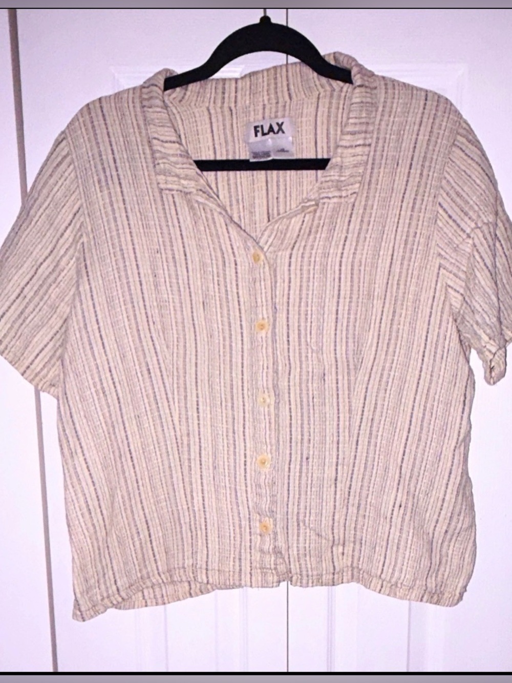 FLAX 100% Linen Collared Short Sleeve Button Up Striped Top Beige Size M